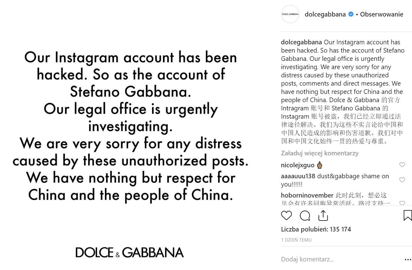 Dolce & Gabbana: komunikat marki na Instagramie dot. zhakowanych kont